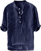 S-6XL Summer Men's Stand Collar Half-placket Linen Shirt
