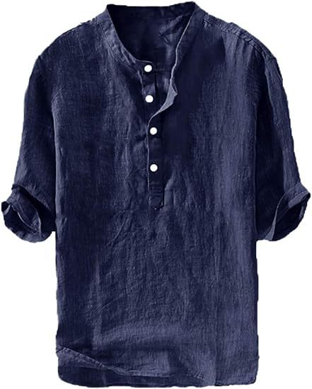 S-6XL Summer Men's Stand Collar Half-placket Linen Shirt