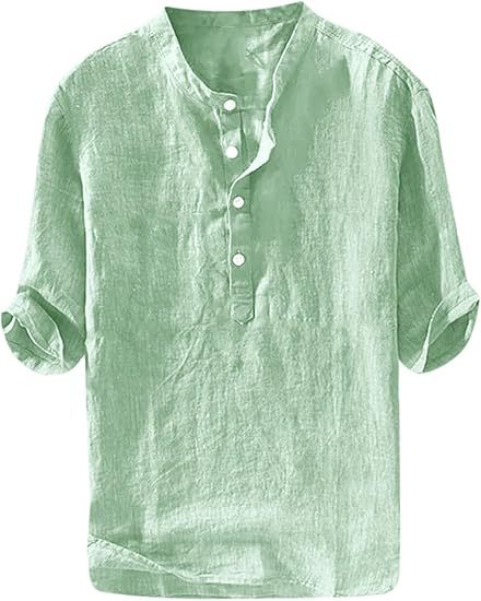 S-6XL Summer Men's Stand Collar Half-placket Linen Shirt