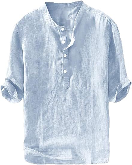 S-6XL Summer Men's Stand Collar Half-placket Linen Shirt