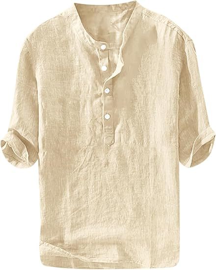 S-6XL Summer Men's Stand Collar Half-placket Linen Shirt
