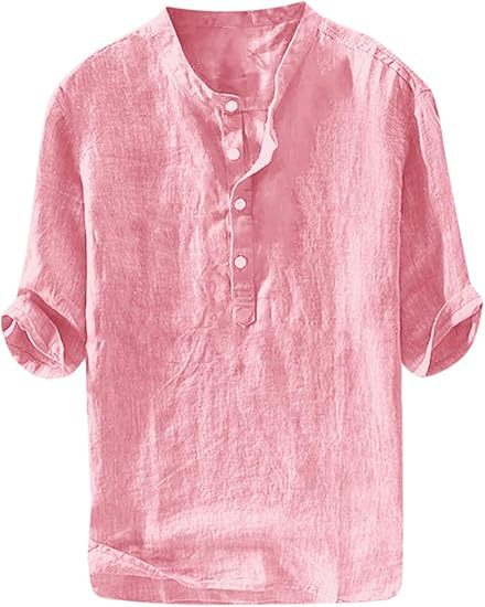 S-6XL Summer Men's Stand Collar Half-placket Linen Shirt