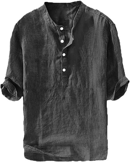 S-6XL Summer Men's Stand Collar Half-placket Linen Shirt