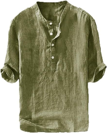 S-6XL Summer Men's Stand Collar Half-placket Linen Shirt