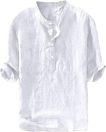 S-6XL Summer Men's Stand Collar Half-placket Linen Shirt