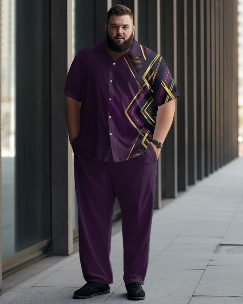 Big Build Men's Purple Personalized Printed Casual Short Sleeve Walking Set