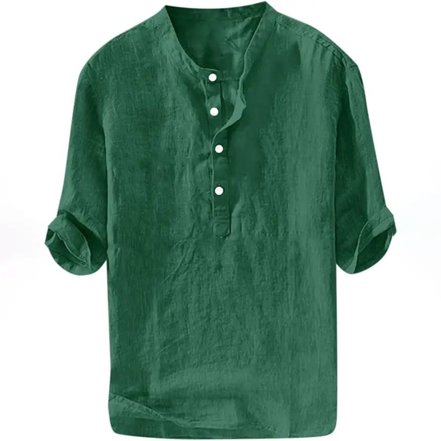 Runcati Men's Linen Shirt - Casual Cotton 3/4 Sleeve