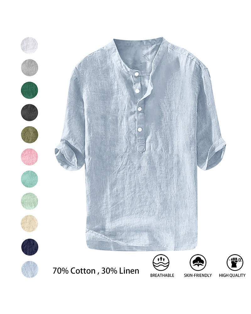 S-6XL Summer Men's Stand Collar Half-placket Linen Shirt