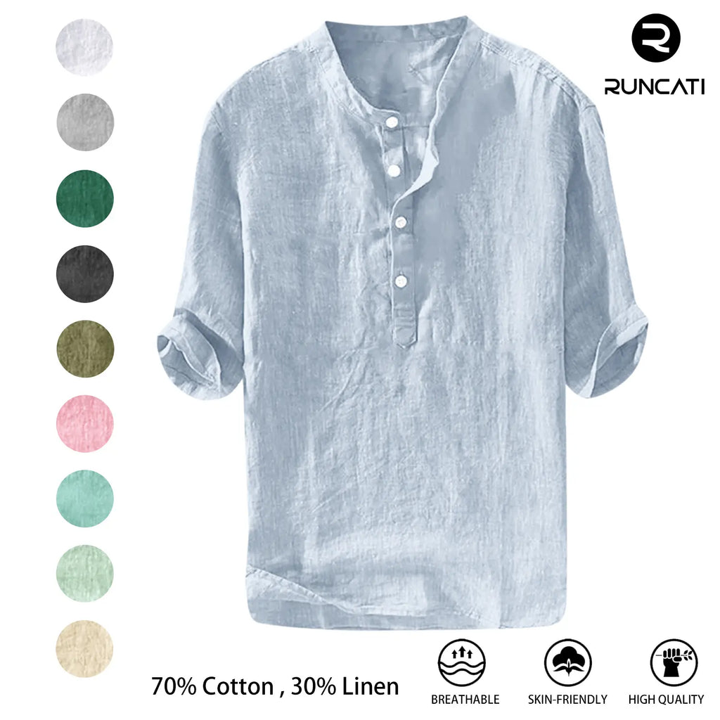 Runcati Men's Linen Shirt - Casual Cotton 3/4 Sleeve