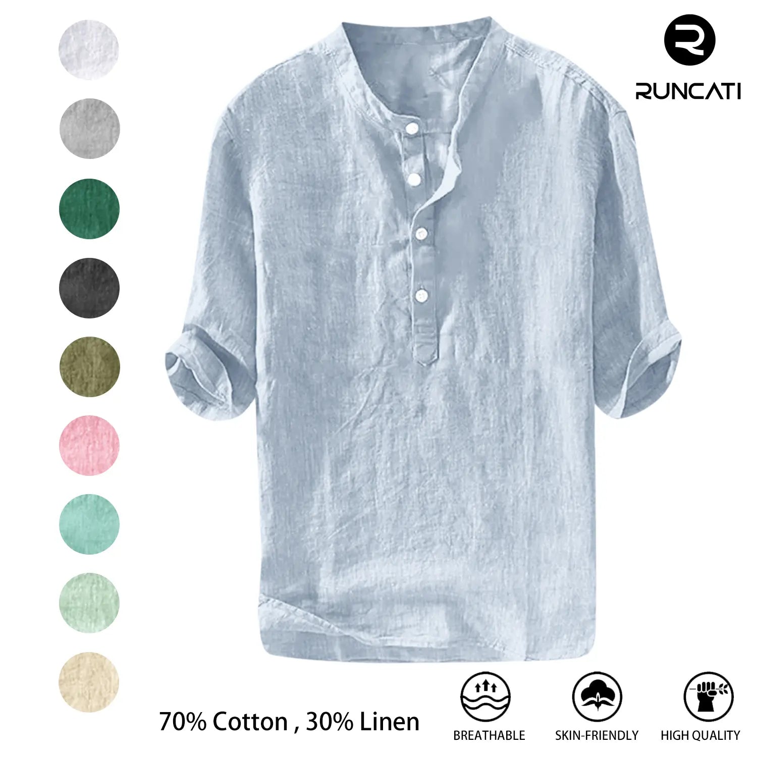 Runcati Men's Linen Shirt - Casual Cotton 3/4 Sleeve
