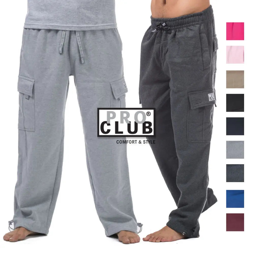 Pro Club cargo sweatpants pocket details and available colors